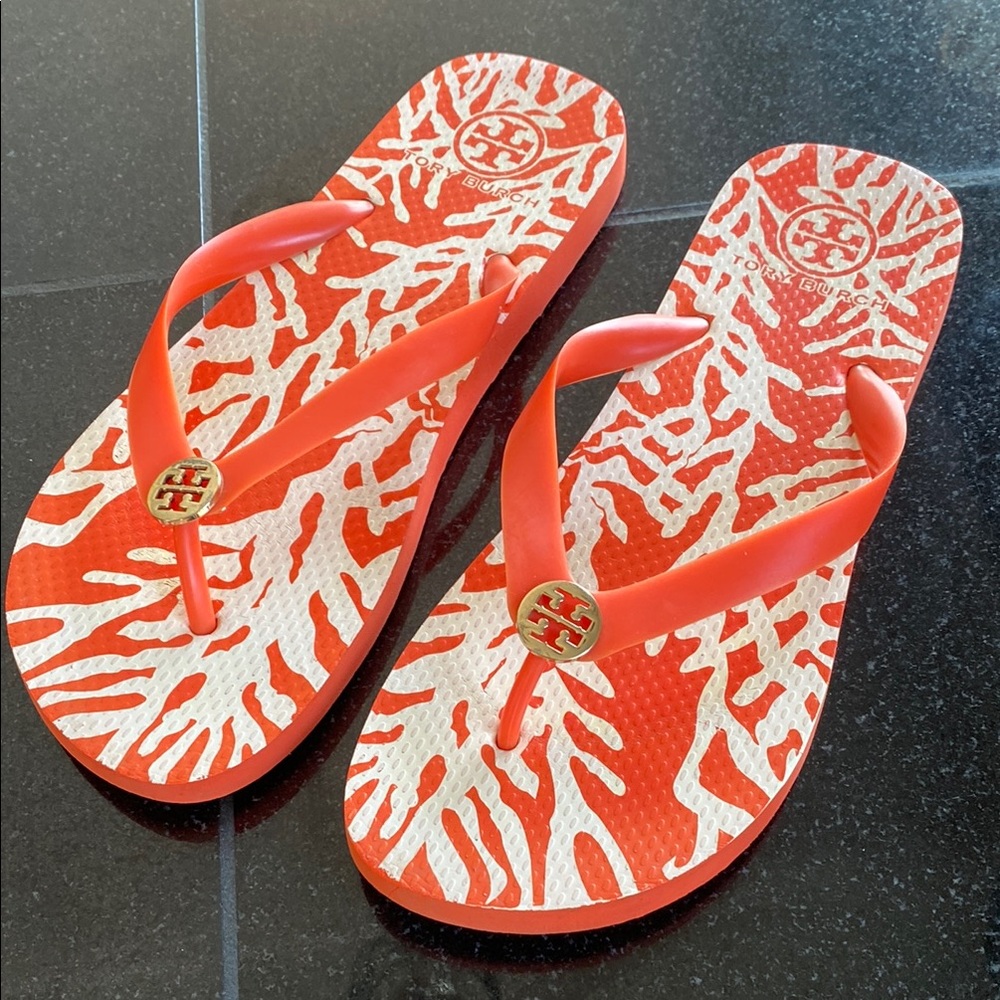 Tory Burch Coral and White Flip Flops